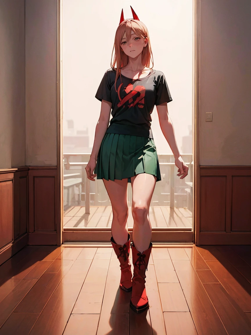 ((１woman)),((Has a red guitar:1.2)), ((Arm guard、Black boots、Black T-shirt、Green skirt、Red Corner)), masterpiece，Red Corner, ((Red Corner)), full body, (masterpiece, Highest quality, 8k, 1 person, A perfectly balanced body, Official Art、Highest quality、 8k wallpaper、32K、masterpiece、Ultra-detailed、high resolution、Realistic、Photorealistic:1.2), , clavicle:1.2,
