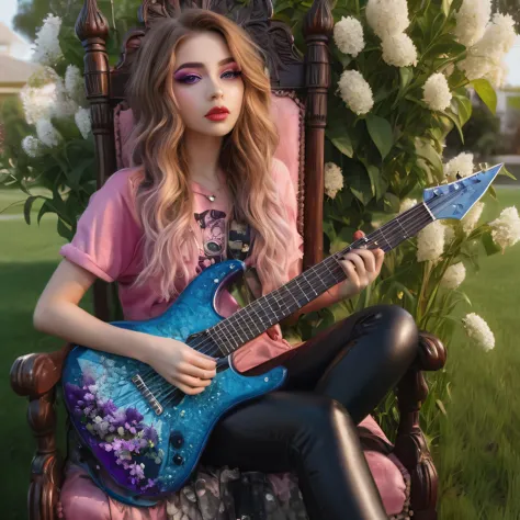 (a 21 year old California American woman:1.4), (rocker style makeup:1.5), sitting on a throne,playing guitar,flowering bushes in...