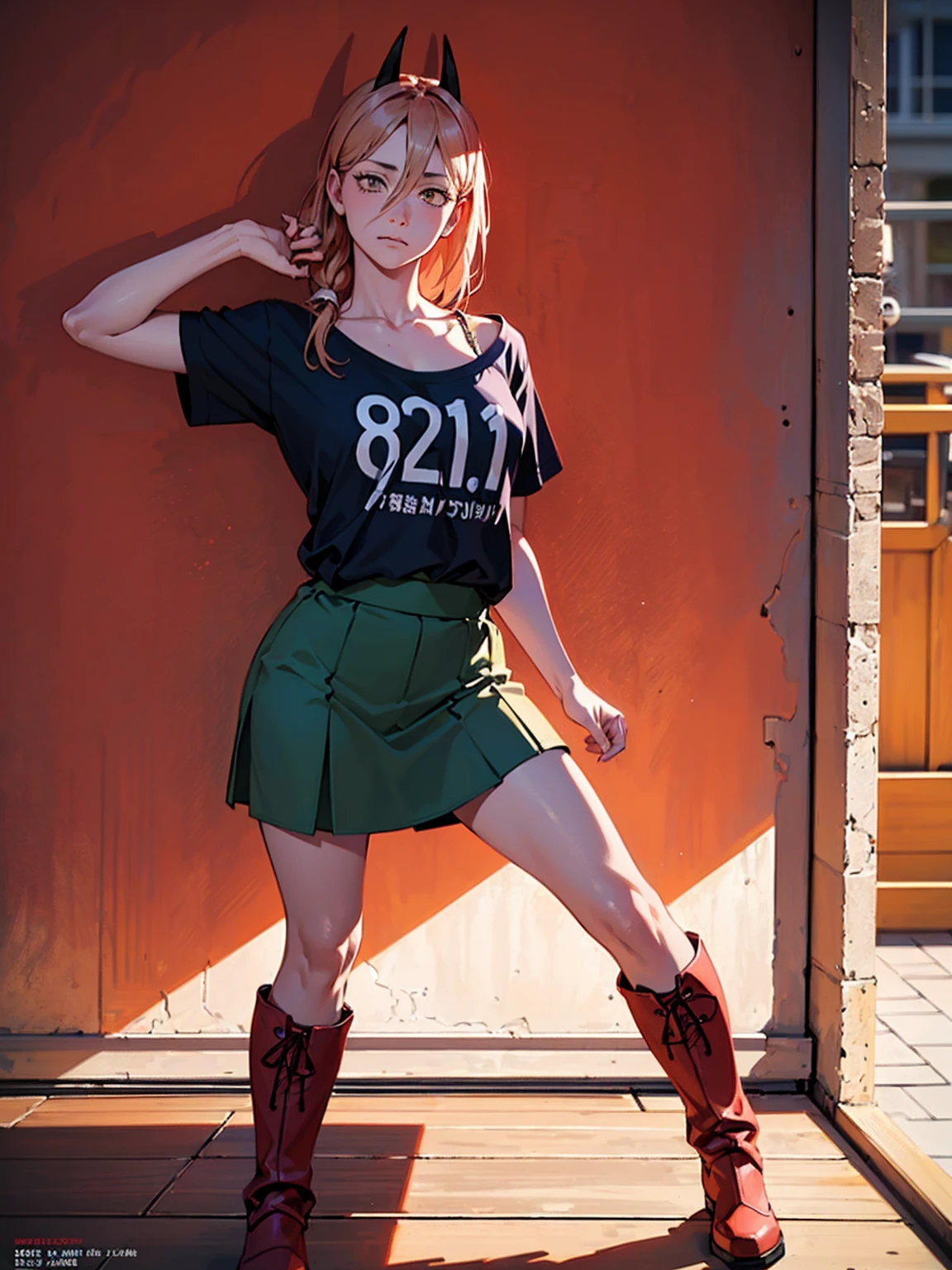 ((１woman)),((Has a red guitar:1.2)), ((Arm guard、Black boots、Black T-shirt、Green skirt、Red Corner)), masterpiece，Red Corner, ((Red Corner)), full body, (masterpiece, Highest quality, 8k, 1 person, A perfectly balanced body, Official Art、Highest quality、 8k wallpaper、32K、masterpiece、Ultra-detailed、high resolution、Realistic、Photorealistic:1.2), , clavicle:1.2,
