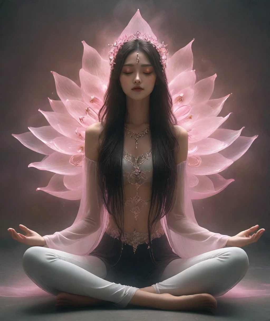 Lotus pose girl full body photography，Anatomically correct,Raw, Filming, (Be focused:1.5), (Reality:1.4), Dusk lighting, Volumetric Lighting, Ultra-high resolution, 16K,Dramatic Lighting, White background：1.5）（tangled，Mandala，dispute，Entanglement：0.7）Fox Demon，Fox Mask，short jacket, Foxfire Curse, fox family, Transformation, Depth of Field, Dreamy atmosphere, The most beautiful chaos, grace, Brutalist Design Dark Theme, Flower of Death, Flowers of ecstasy，Glowing Line,Glow Example，Tracking Example，flash， Backlight，translucent，Light Particles,HILL，exit