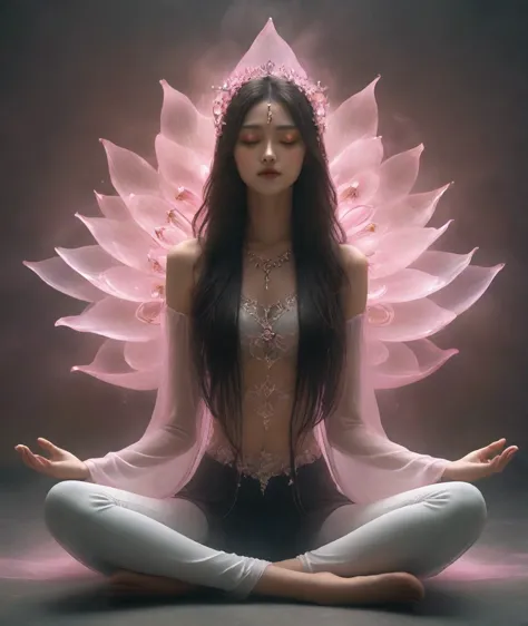 lotus pose girl full body photography，anatomically correct,raw, filming, (be focused:1.5), (reality:1.4), dusk lighting, volumet...