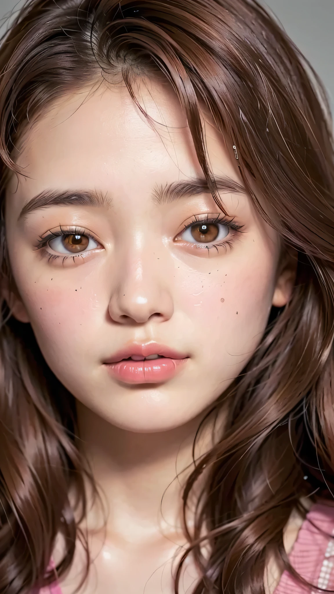  ((brown eyes)), (18 year old teenage girl), light brown hair color, ((big tits)), lips, realistic, (slim face), ((skinny)), charming, pink lipstick, colorful makeup, long eyelashes, wearing eyeliner, fair skin, (cute), (detailed face), detailed eyes, detailed iris,