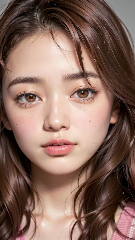 ((brown eyes)), (18 year old teenage girl), light brown hair color, ((big tits)), lips, realistic, (slim face), ((skinny)), char...