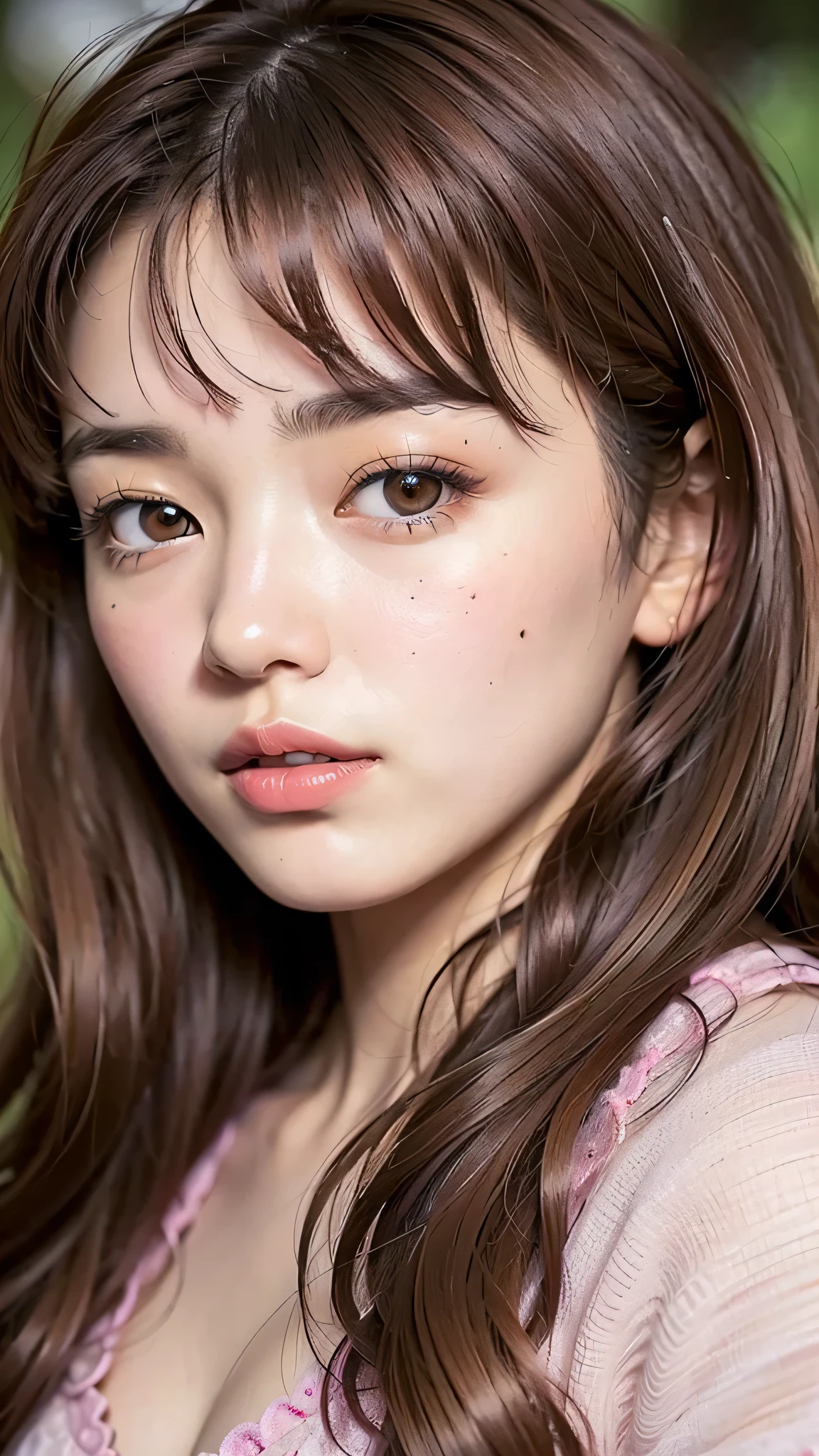  ((brown eyes)), (18 year old teenage girl), light brown hair color, ((big tits)), lips, realistic, (slim face), ((skinny)), charming, pink lipstick, colorful makeup, long eyelashes, wearing eyeliner, fair skin, (cute), (detailed face), detailed eyes, detailed iris,