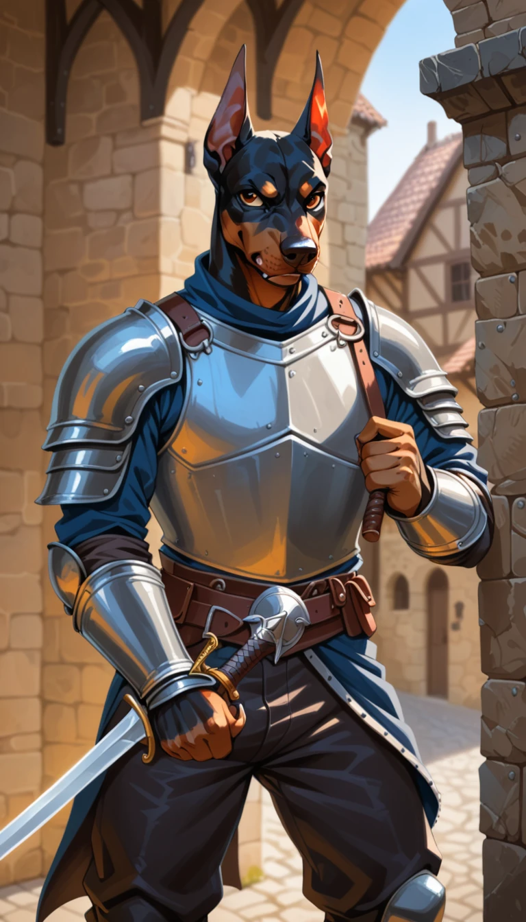 Mammal, Top quality, masterpiece, high resolution, 1man, hi res, absurd res, Dog, Doberman, Dungeons and Dragons, character, Warrior, Dogfolk, male, ahletics, angry face, solo, medieval (soldier armor), medieval leather pants, holding object, light sword, cute hands, detailed hands