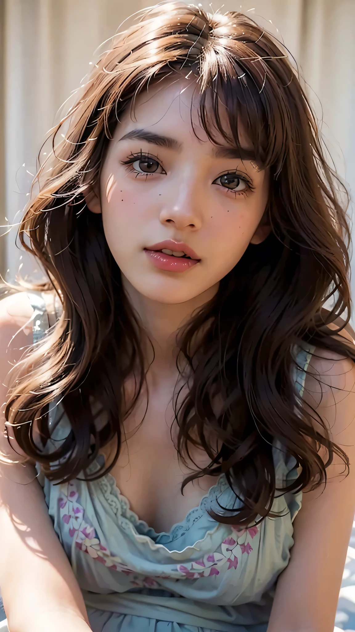  ((brown eyes)), (18 year old teenage girl), light brown hair color, ((big tits)), lips, realistic, (slim face), ((skinny)), charming, pink lipstick, colorful makeup, long eyelashes, wearing eyeliner, fair skin, (cute), (detailed face), detailed eyes, detailed iris,