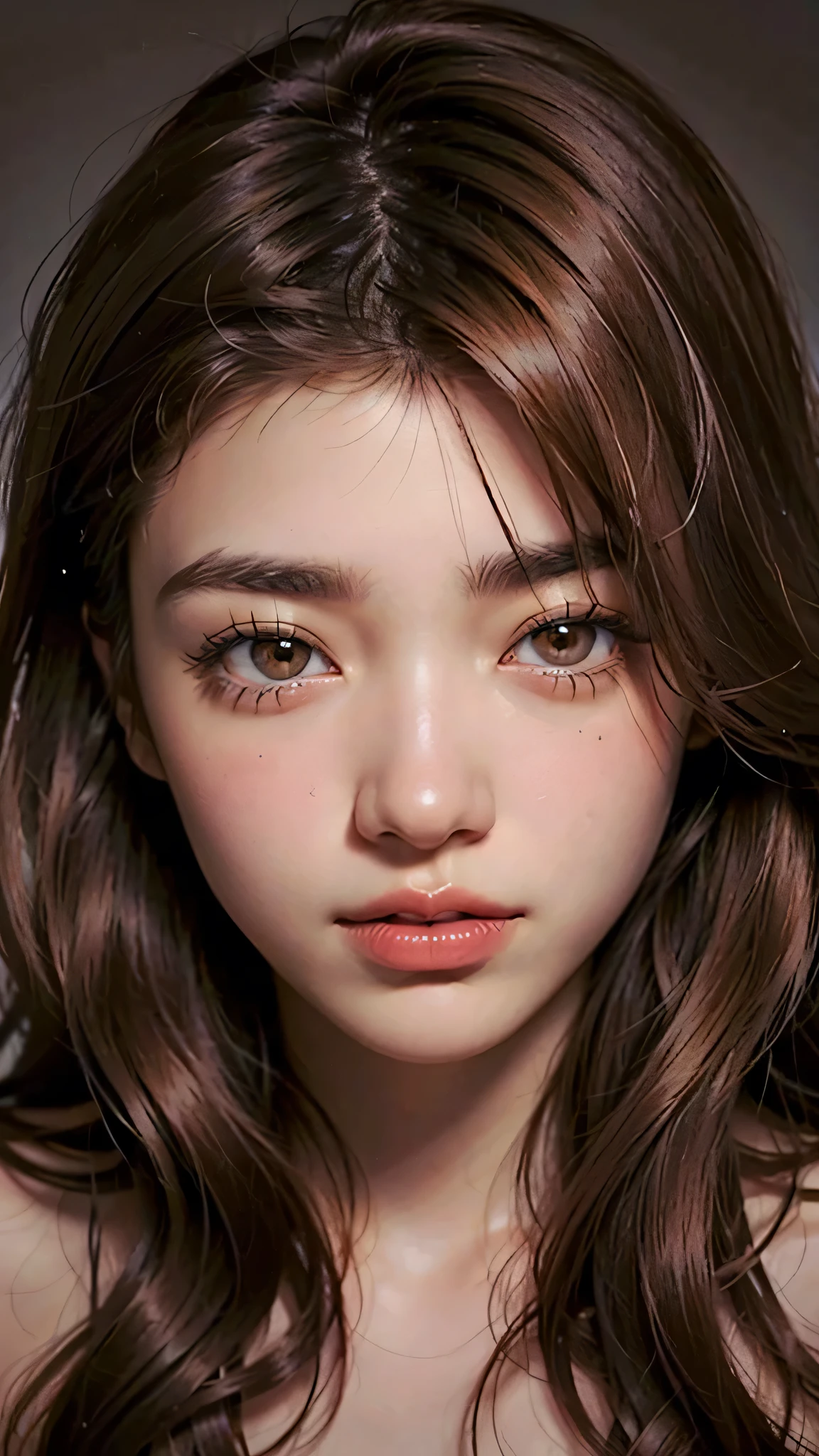  ((brown eyes)), (18 year old teenage girl), light brown hair color, ((big tits)), lips, realistic, (slim face), ((skinny)), charming, pink lipstick, colorful makeup, long eyelashes, wearing eyeliner, fair skin, (cute), (detailed face), detailed eyes, detailed iris,