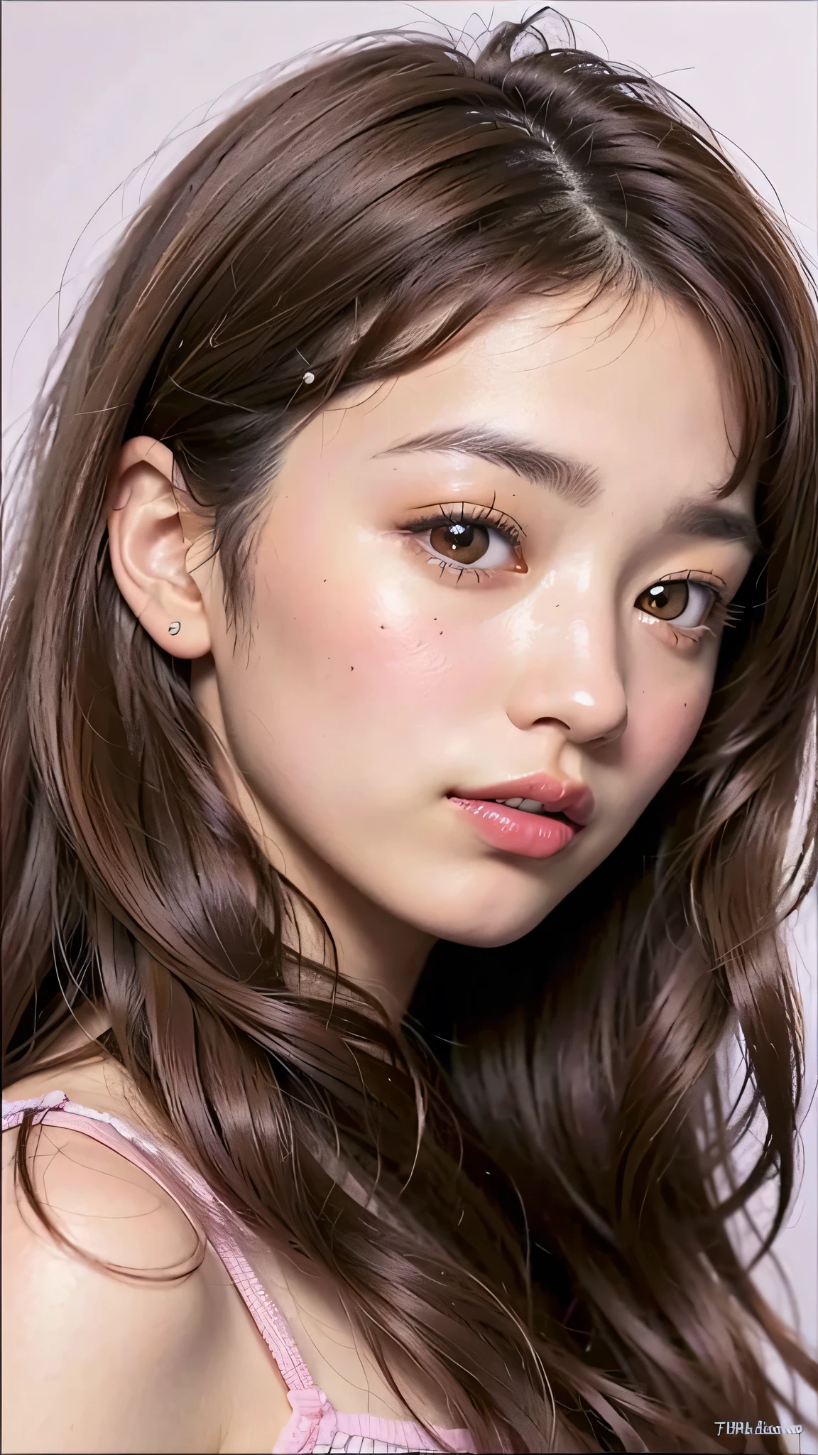  ((brown eyes)), (18 year old teenage girl), light brown hair color, ((big tits)), lips, realistic, (slim face), ((skinny)), charming, pink lipstick, colorful makeup, long eyelashes, wearing eyeliner, fair skin, (cute), (detailed face), detailed eyes, detailed iris,