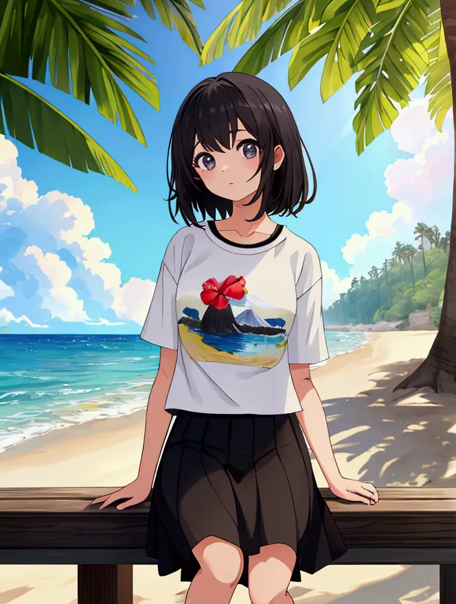 ((highest quality)), ((masterpiece)), (detailed), one girl, 、shores on the shore、black haired girl、summer casual、summer t-shirt、...