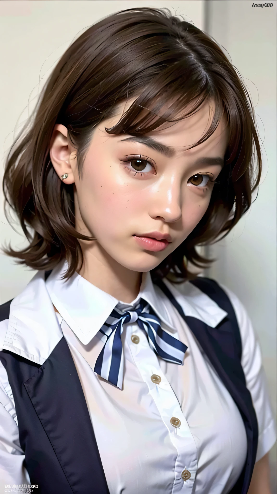 4K, ((brown eyes)), (18 year old teenage girl), light brown hair color, ((big tits)), lips, realistic, (slim face), ((skinny)), charming, pink lipstick, colorful makeup, long eyelashes, wearing eyeliner, fair skin, (cute), (detailed face), detailed eyes, detailed iris, office style, ((Button white  shirt with white collar)), (mini skirt), 