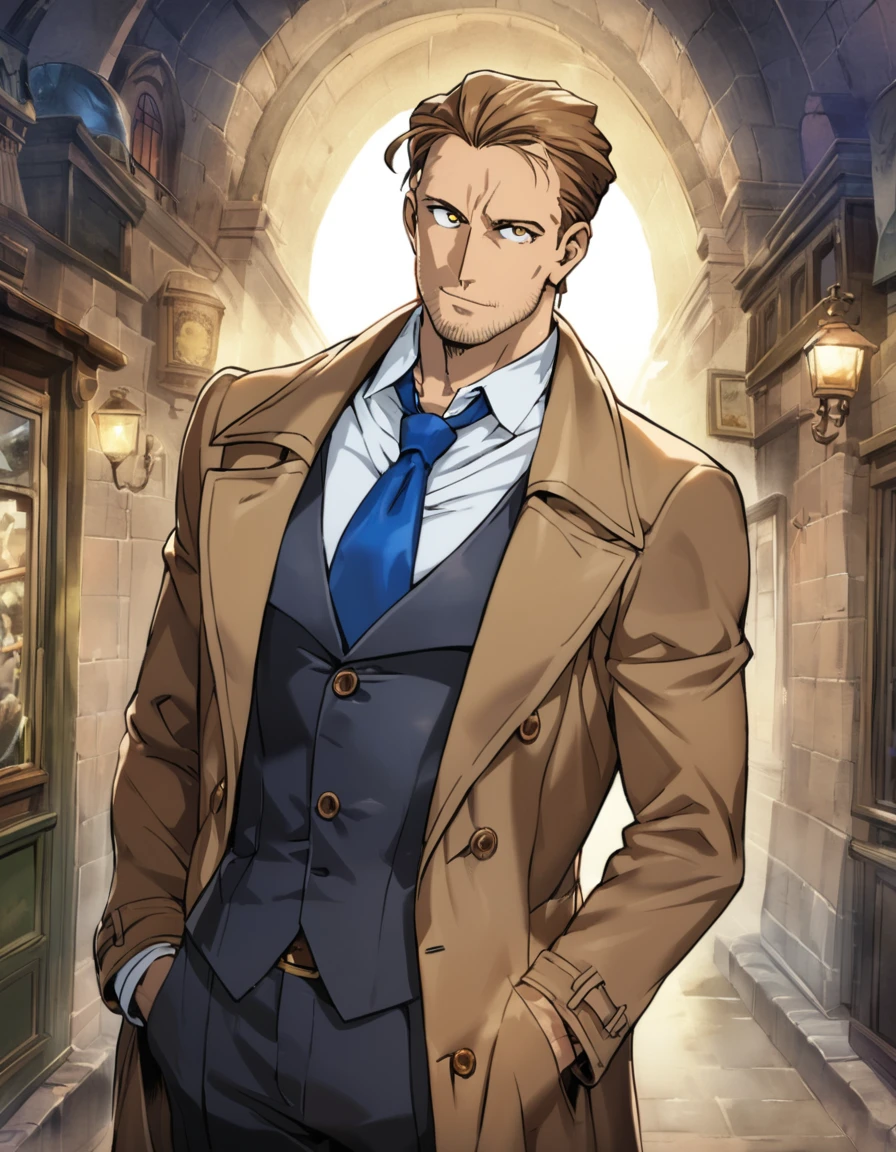 1man, veteran mature detective, muscular, boned nose, wavy slicked back spiked hair, yellow_brown hair, BREAK shihaku, brown eyes, dandy, virile, stubble, square shaped, large eyes, ugly, rough skin, facial wrinkles, ideal ratio body proportions, ordinaly, cute uncle, beautiful detailed eyes, broad waist, 40yo dude, languid, BREAK solo, upperbody, white collared shirt, blue necktie, brown trench coat, dark worn-out suit, cute smile, standing, in detective agency, detailed background, BREAK dandy posing, dramatic expression, oil colored, in capcom art style, in old eroge style, 2000s, masterpiece, best quality