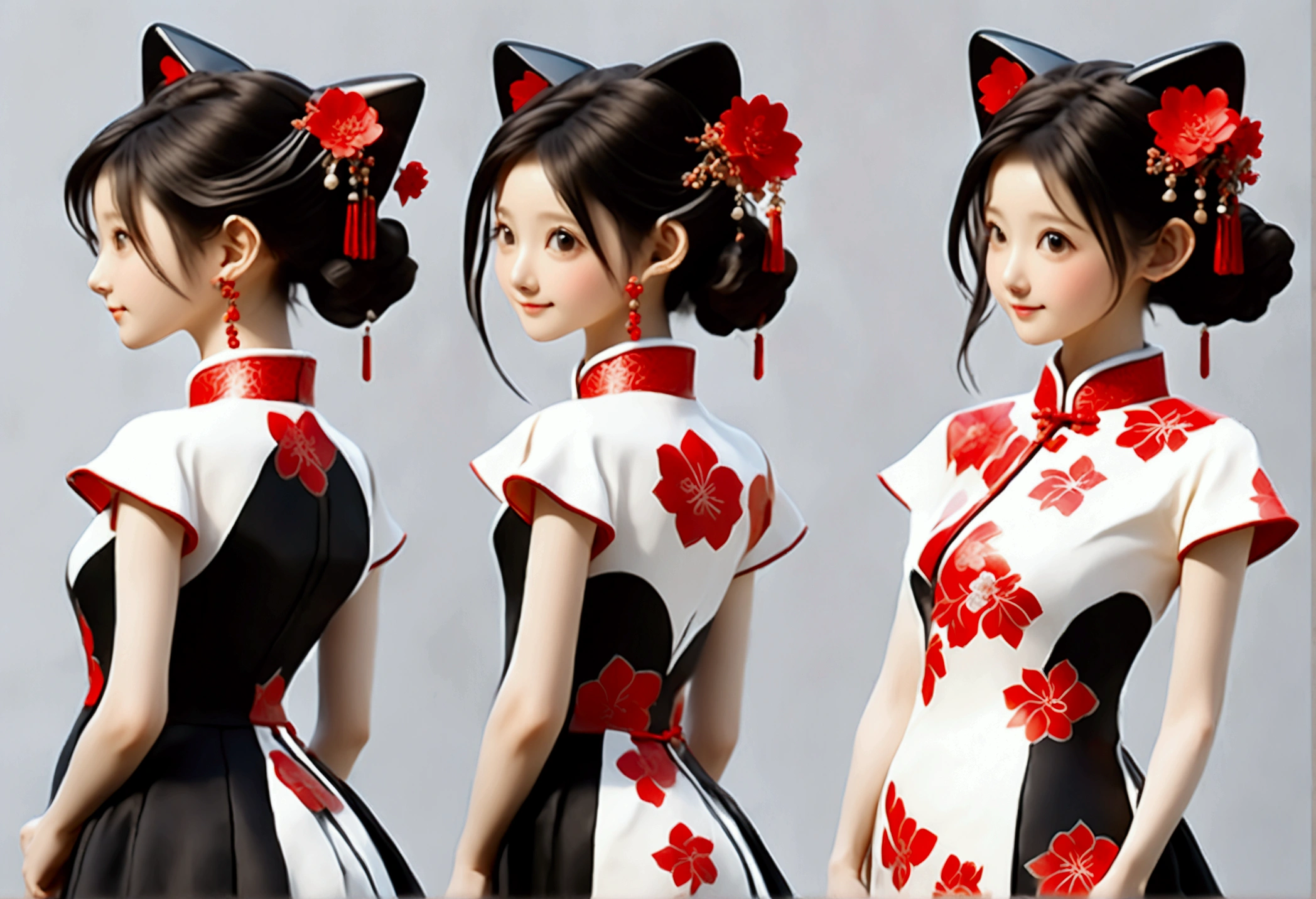 (((Mostrando la vista frontal del mismo diseño de figura IP de personaje 3D、Vista lateral、Vista trasera:1.5)))，Chica joven de moda，Vistiendo un moderno cheongsam teñido con tinta，Cheongsam de seda Atles de colores mezclados en blanco y negro con tinta，Cheongsam tótem uigur，Patrón de buganvilla roja，Estilo cheongsam que combina etnicidad y moda.，patrón retro chino，Lindo patrón floral，mangas de avión，mangas anchas，Mangas de globo，Mangas de pipa，Crea personajes de tendencia nacional en 3D.，Patrón delicado de buganvilla，Integración cultural multiétnica，Estilo chino tridimensional，Diseño de figura IP de personaje 3D de estilo chino.，Rostro ovalado perfectamente proporcionado，Textura de calidad ultraalta a nivel de película，iluminación global，（Estilo de cuerpo completo），((El mismo diseño de figura IP de personaje en 3D con la misma ropa y accesorios desde múltiples perspectivas，Vista frontal del mismo diseño de figura IP de personaje 3D，同一个3D人物IP手办设计的Vista lateral，同一个3D人物IP手办设计的Vista trasera))，
