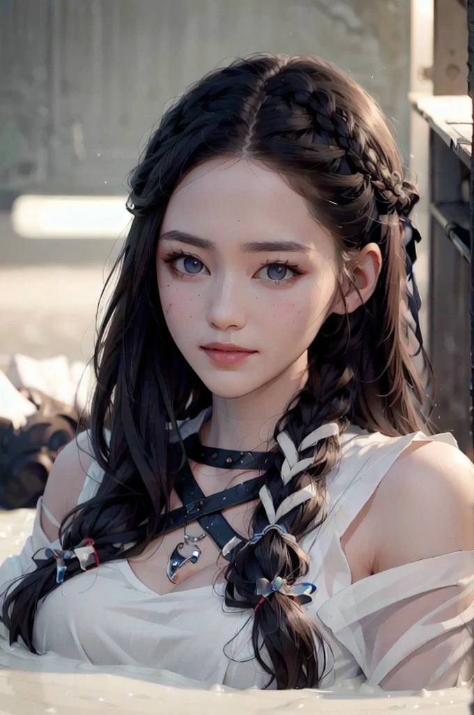 Christina Chong beautiful face, narrowed eyes. smirk. black braided hair