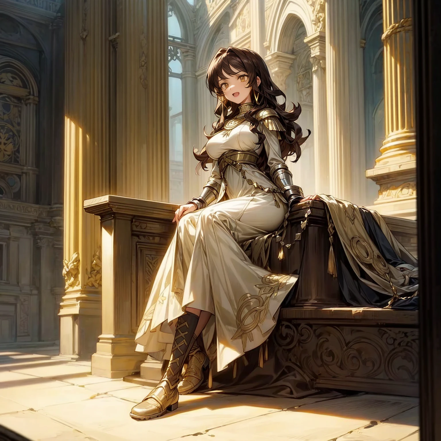 Solo character, full body version, girl, brown hair, long Curly haircut, yellow eyes, hoop earrings, Long dress, ancient Greek tunic, boots, iron armor, sword in hand, open mouth, happy, indoor room Castle, (Hunter x Hunter style art), sit down gesture, Big breasts, detailed shadow 