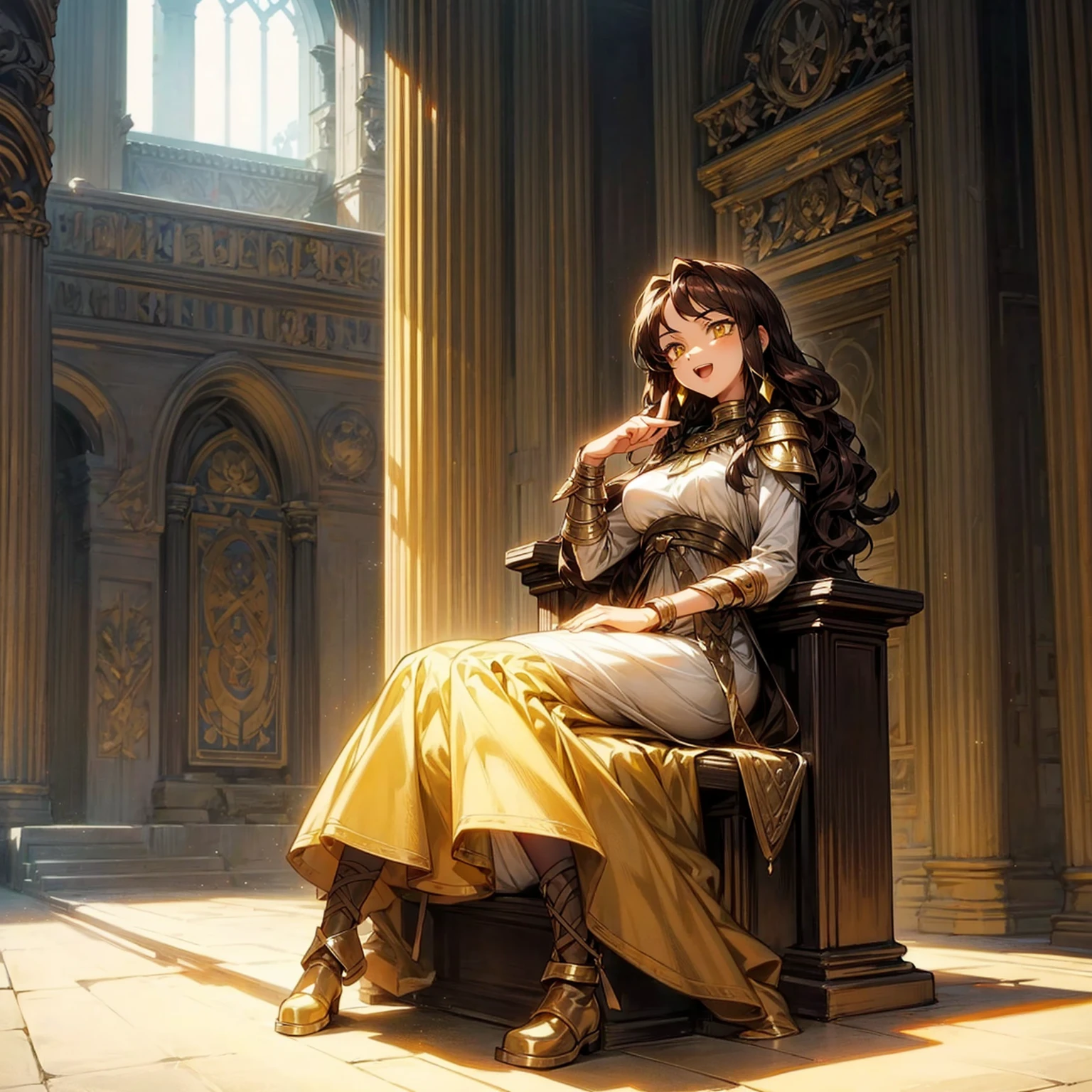 Solo character, full body version, girl, brown hair, long Curly haircut, yellow eyes, hoop earrings, Long dress, ancient Greek tunic, boots, iron armor, sword in hand, open mouth, happy, indoor room Castle, (Hunter x Hunter style art), sit down gesture, Big breasts, detailed shadow 