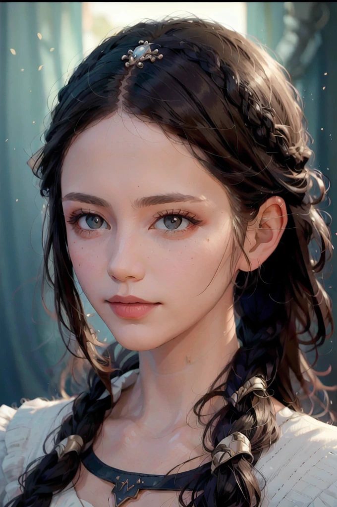 a beautiful girl with narrowed eyes, smirk, black braided hair, detailed facial features, flawless skin, dramatic lighting, digital painting, cinematic composition, vibrant colors, warm color palette, fantasy art