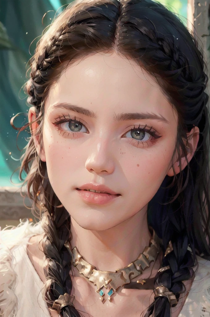 a beautiful girl with narrowed eyes, smirk, black braided hair, detailed facial features, flawless skin, dramatic lighting, digital painting, cinematic composition, vibrant colors, warm color palette, fantasy art