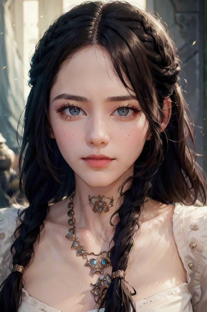 a beautiful girl with narrowed eyes, smirk, black braided hair, detailed facial features, flawless skin, dramatic lighting, digital painting, cinematic composition, vibrant colors, warm color palette, fantasy art