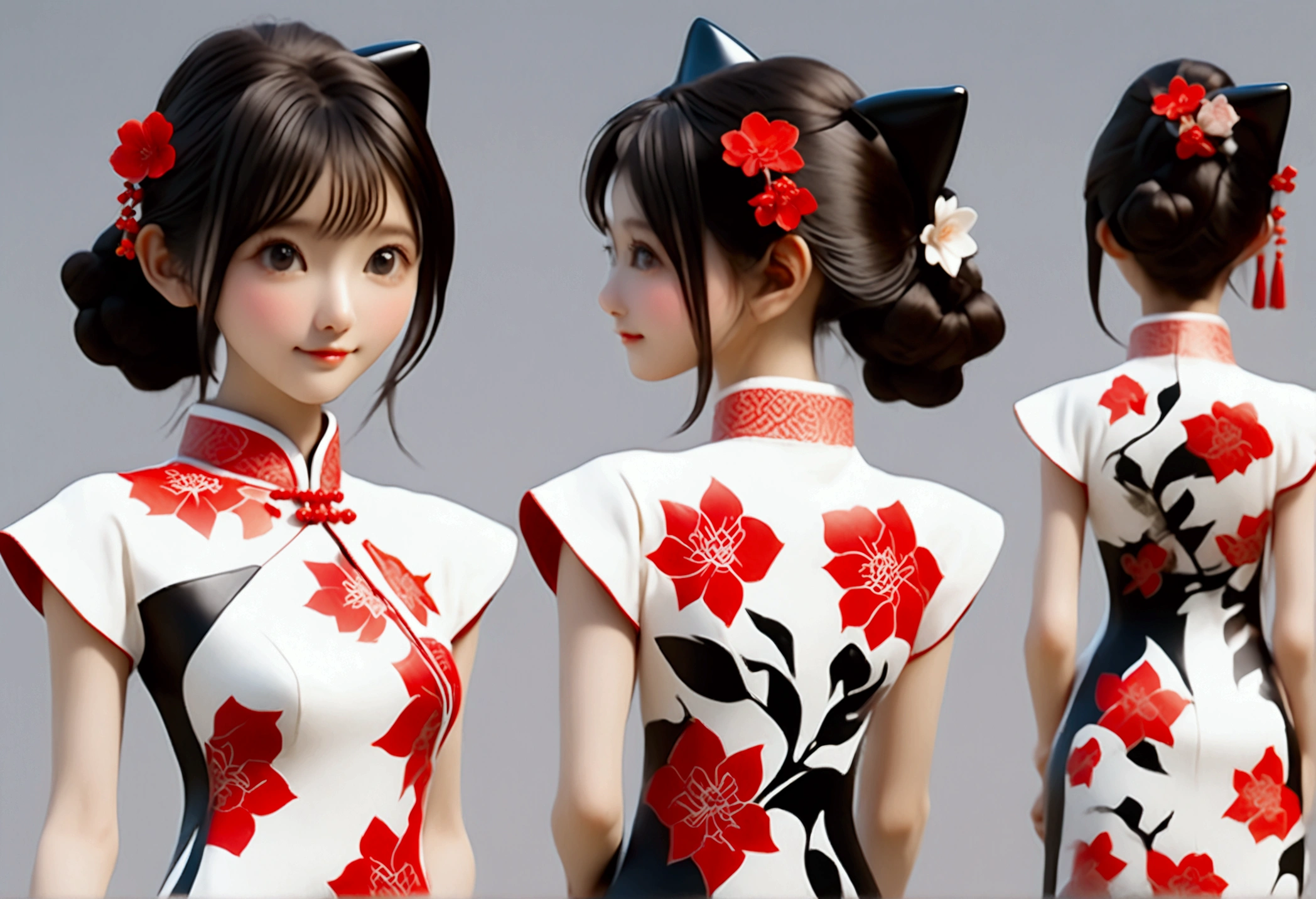 (((Showing the front view of the same 3D character IP figurine design、Side View、Rear view:1.5)))，Young fashionable girl，Wearing a fashionable ink-dyed cheongsam，Ink black and white mixed color Atles silk cheongsam，Uyghur totem cheongsam，Red bougainvillea pattern，Cheongsam style combining ethnicity and fashion，Chinese retro pattern，Cute floral pattern，airplane sleeves，Wide sleeves，Balloon sleeves，Pipa sleeves，Create 3D national trend characters，Delicate bougainvillea pattern，Multi-ethnic cultural integration，Three-dimensional Chinese style，Chinese style 3D character IP figure design，Perfectly proportioned oval face，Film-level ultra-high quality texture，Global Illumination，（Full body styling），((The same 3D character IP figure design with the same clothing and accessories from multiple perspectives，Front view of the same 3D character IP figurine design，同一个3D人物IP手办设计的Side View，同一个3D人物IP手办设计的Rear view))，
