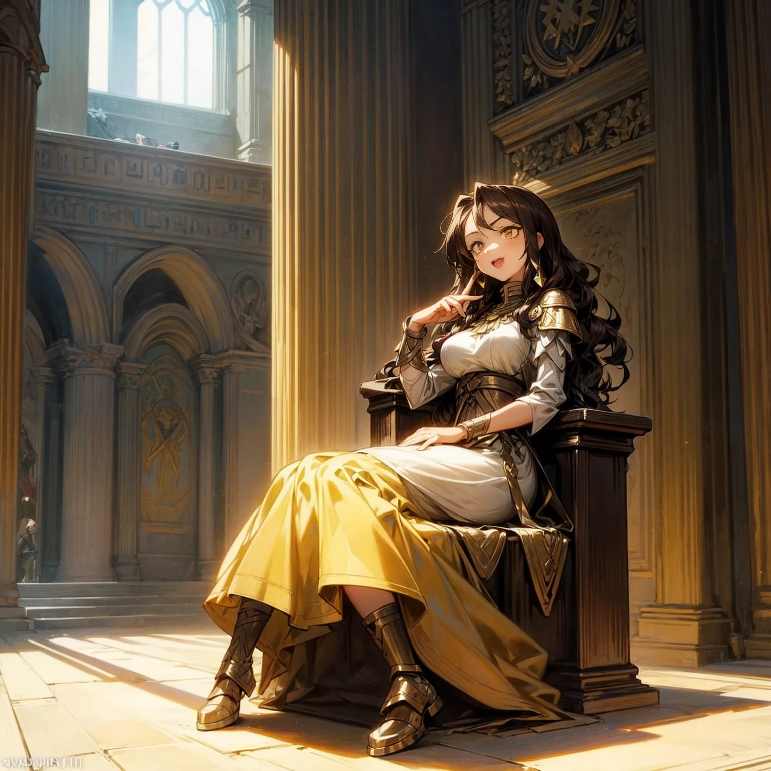 Solo character, full body version, girl, brown hair, long Curly haircut, yellow eyes, hoop earrings, Long dress, ancient Greek tunic, boots, iron armor, sword in hand, open mouth, happy, indoor room Castle, (Hunter x Hunter style art), sit down gesture, Big breasts, detailed shadow 