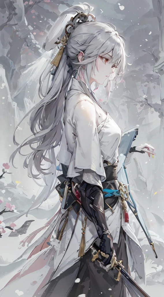 a close up of a woman with a sword in a white dress, a character portrait by Yang J, trending on cgsociety, fantasy art, beautiful character painting, artwork in the style of guweiz, guweiz, white hanfu, flowing white robes, full body wuxia, epic exquisite character art, stunning character art, beautiful female assassin，more details,