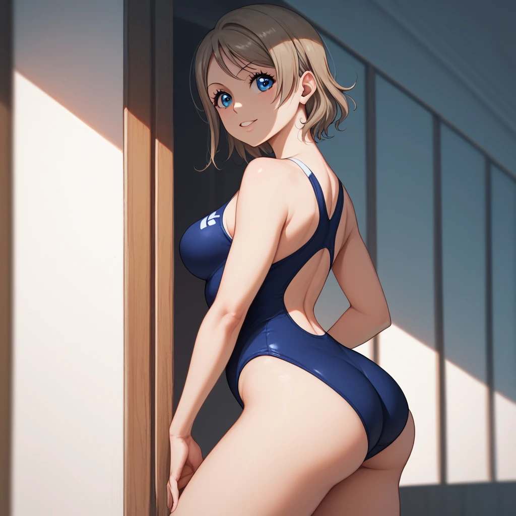 (masterpiece), 8k wallpaper, 一人in, Issei Watanabe, Are standing, School corridor, Side bust,One piece swimsuit, in, Low cut at hips, blue eyes, Beautiful and graceful face and eyes,Side butt