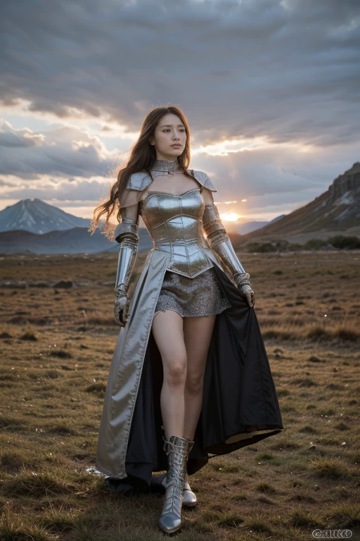 portrait of a female knight in medieval metal armor, sunset, dramatic clouds, elegant atmosphere, extremely detailed, hyper realistic, (best quality, Belfry, gloves:1.2), lace collar, gloves, long legs, boots, distant mountain range in the background, soft evening light, subtle ground reflections