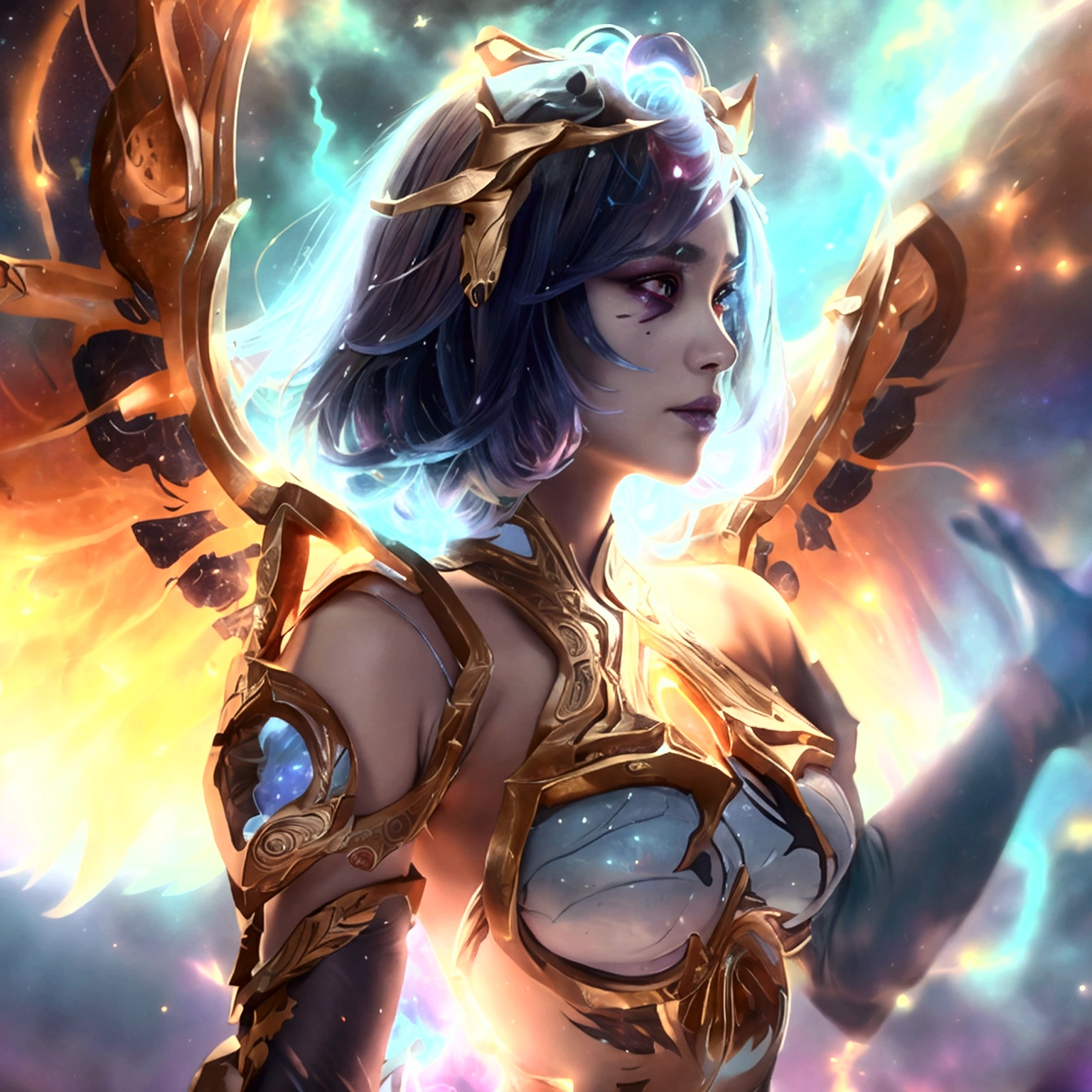 Design an anime-style character named Rei, styled as 'Celestial Guardian.' Rei should have a majestic and regal expression, with large, expressive eyes and a commanding, graceful pose. Outfit Rei in celestial armor with divine glow, featuring intricate cosmic designs and symbols. Create expansive, radiant wings with starry textures that signify celestial power. Include a celestial staff or shield to highlight Rei’s guardian role. The background should showcase a vast cosmic realm with stars, nebulae, and ethereal lighting to enhance the celestial ambiance. Ensure the artwork embodies the grandeur and divine nature of Rei, making them a powerful and awe-inspiring guardian