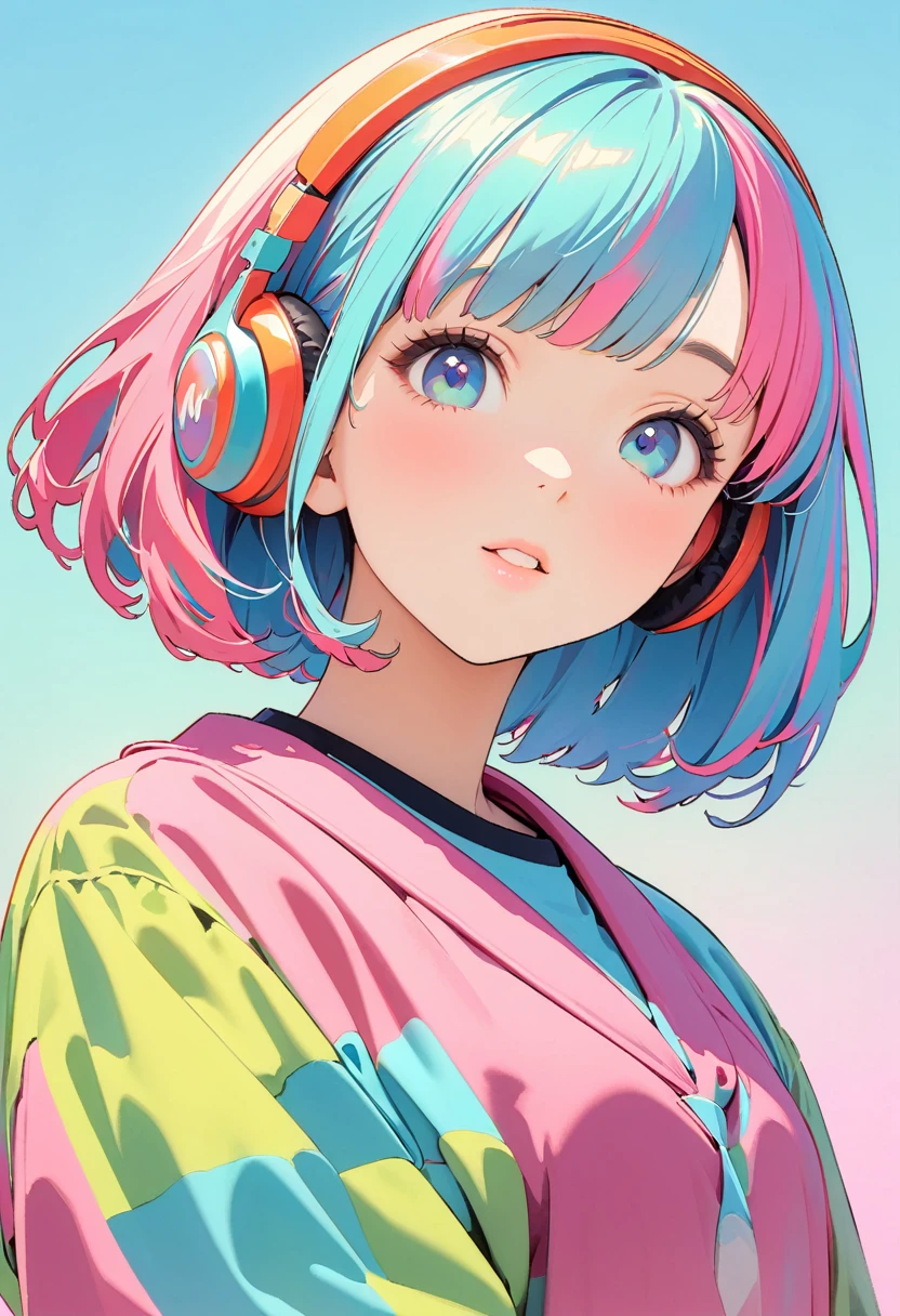 (Highest quality:1.2, City Pop Style, Very detailed, Latest, Vibrant, High Contrast, masterpiece:1.2, Highest quality, Best aesthetics), girl, ((Face Up Shot:1.4)), Colorful Hair, Bobcut, pastel colour, 1980s style, ((Retro, Vintage, Plain background))　Headphones