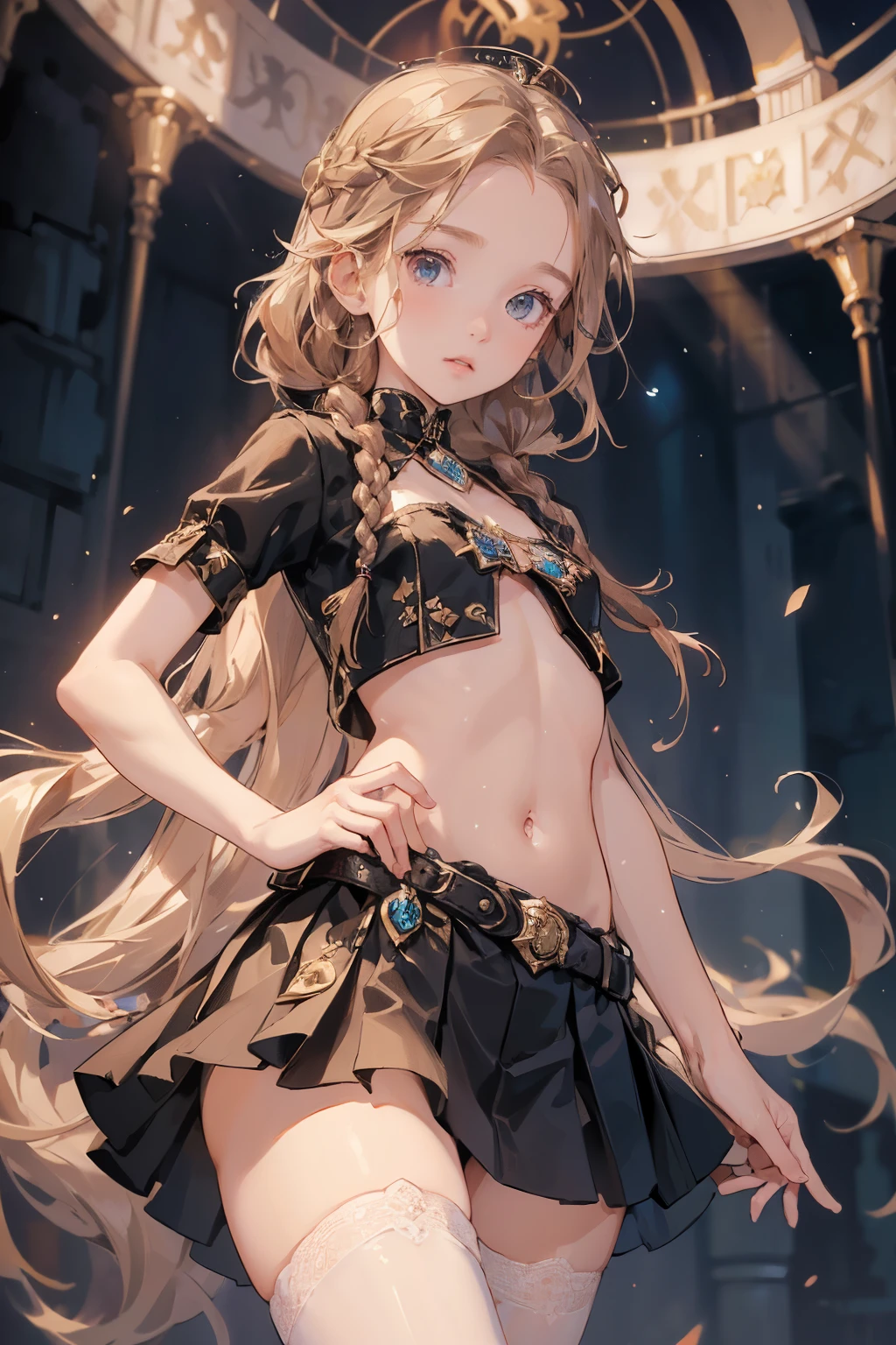 ((best quality)), ((masterpiece)), (detailed), 1girl, (big forhead:1.2),extremely detailed cute anime face, (((flat chest))), (flat chest:1.1),((((long twin braids,tight braids,long braid,braided hair,long hair)))),intricate eyes,beautiful detailed eyes,symmetrical eyes,(((detailed face))),beautiful detailed lips, dynamic pose, looking at this, resolved, resolute, highres,(best quality),(ultra detailed,extremely detailed),perfect face details, ((masterpiece:1.4, best quality))+, (ultra detailed)+, long twintails, cute girl, (flat chest:1.1), small breasts, slim body, skinny, prominent collarbones, skinny arms, flat stomach, visible hip bones, long hair, red hair, white hair, blonde hair, dark hair, ponytail, thick ponytail, heavy ponytail, small breasts, perfect face, small breasts (flat chest:1.1),  Detailed body，Full limbs, (flat chest:1.1), full body of Chaos Demon Primark girl, sinister and ominous aura, luxurious ultra blue power armor, both arms as GIANT HUGE claws, majestically crowned, shining gold hair, high-heeled boots, Warhammer 40K, supernatural, ((Eight-pointed star symbol)), high resolution, trending art station, whole body,