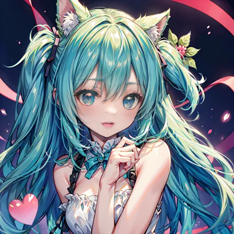 hatsune miku、cute smile、open your mouth、chibi character、highest quality、making a heart with hands、blush