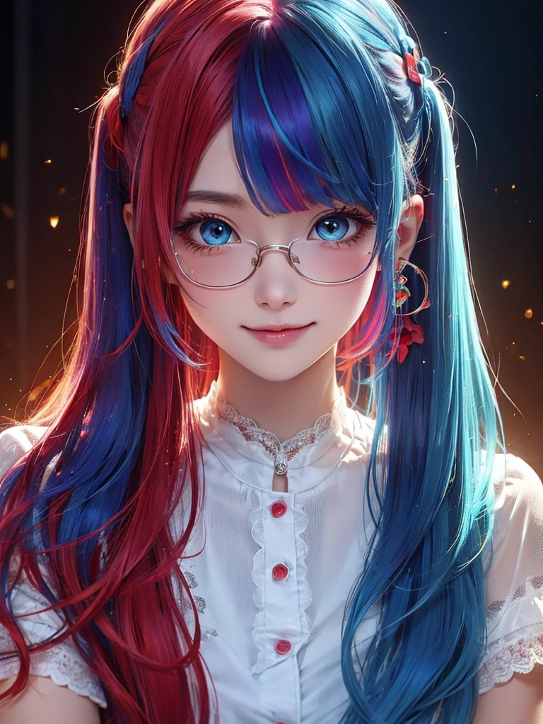 small face、 )Super detailed,bright colors, very beautiful detailed anime face and eyes, look straight,  shiny_skin,girl, (((rainbow colored hair, colorful hair, Half blue、half red hair: 1.2))), 、shiny hair, delicate beautiful face, blush、Glasses、(turquoise eyes), , Valletta, earrings,、（flower garden、sunset）、((light red、translucent、short sleeve、lace blouse))、（twin tails）、（smile、happy face、face dyed red）、cheerful pose、dynamic、Upper body, led