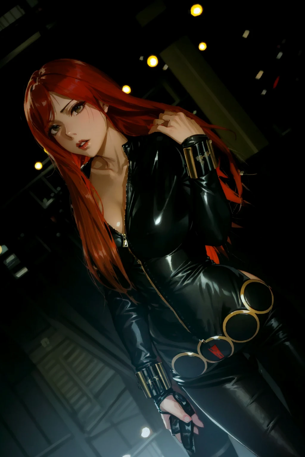 La imagen presenta a Black Widow del Universo Marvel. Vestida con un elegante traje de látex negro brillante y ajustado a la piel con un escote de cremallera de corte profundo que revela un pecho grande, La cremallera plateada que corre por el frente.. El traje se complementa con su protector de muñeca dorado en ambas muñecas y un cinturón hecho de círculos dorados alrededor de su cintura. Ella posa con una mano en la cadera sosteniendo un arma y la otra tocando su largo cabello rojo lacio. El fondo de la imagen es oscuro con elementos claros, creando un ambiente misterioso.