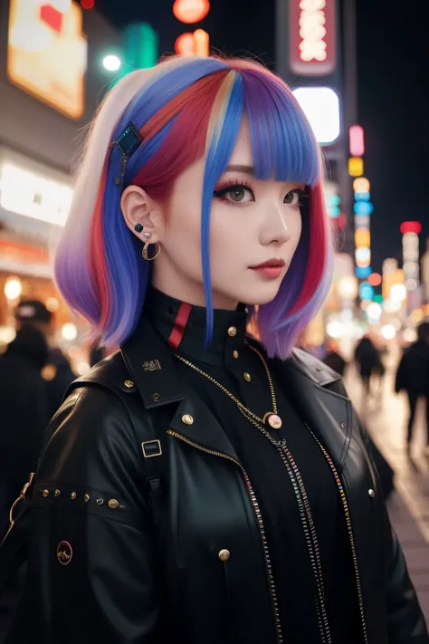 red hair、savage_punk, one girl, alone, medium shot, take a walk in harajuku, ((at night)), bokeh depth of field, neon lights, 무지...