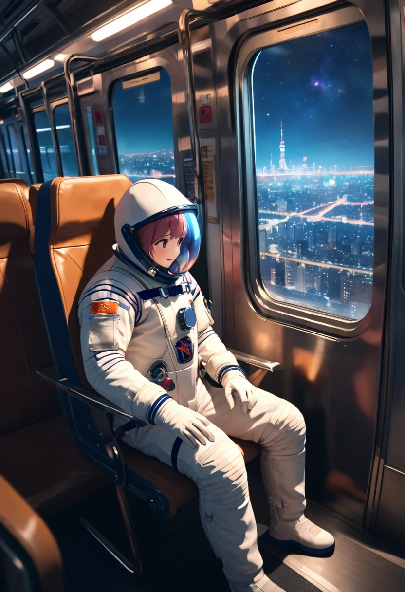 space helmet, (cinematic scene, sitting on a chair, train interior, , city view, night view: 1.5), space helmet, eva helmet, space suit, astronaut), smile bubble helmet, very detailed, speed helmet, bubble helmet, ,upper body, astronaut),eva helm, spacesuit , astronaut),girl, wearing a (spacesuit:1.15), white cargo pants, 