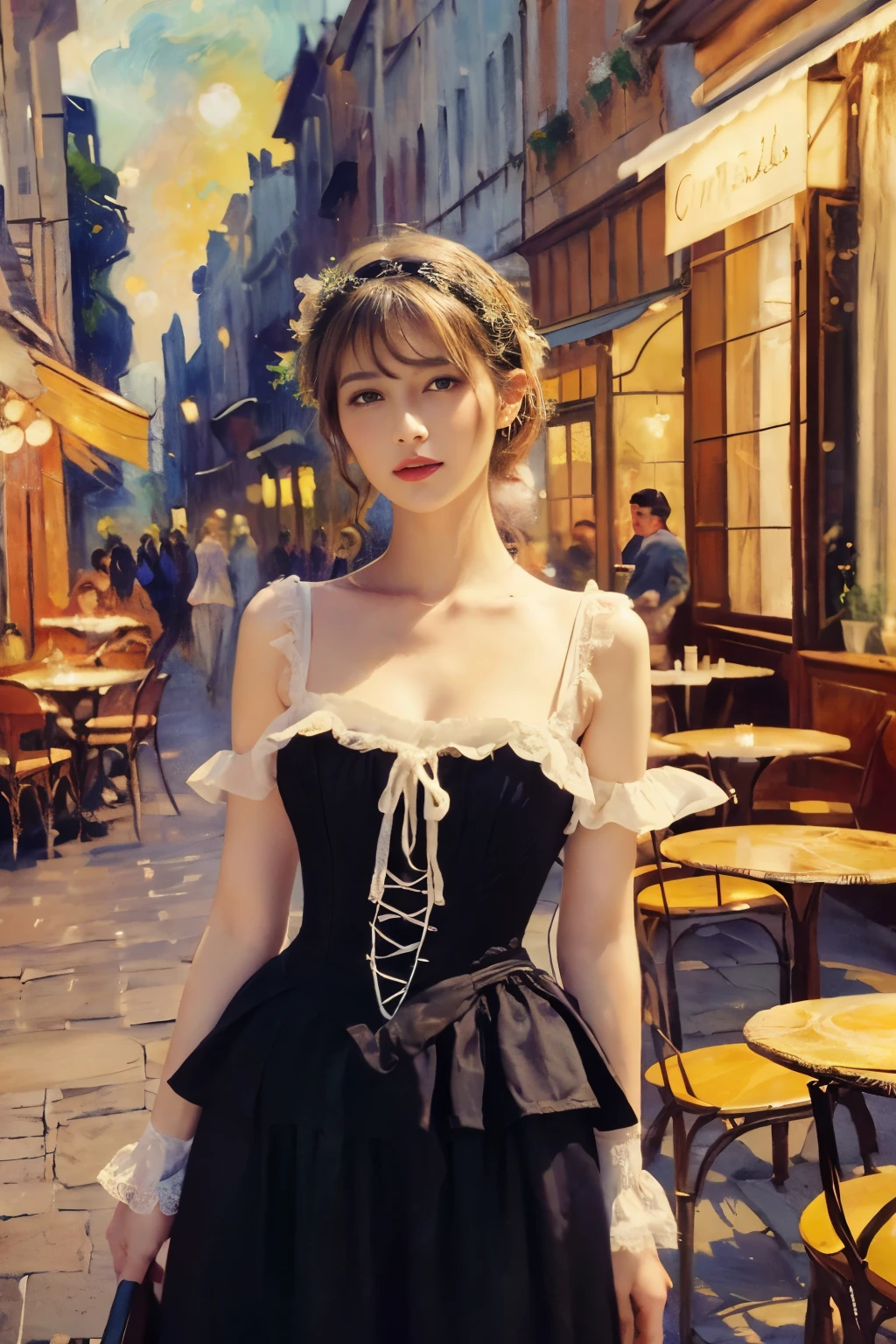 
((masterpiece:1.4, Highest quality)), (Realistic photos:1.4), 
((1 girl)), (Otherworldly beauty), (dream-like),
(超High resolution:1.2), Very delicate and beautiful, wonderful, Very detailed CG Unity 8k wall paper, Very detailed, High resolution, 
Soft Light, Beautiful detailed girl, Very detailed eyes and face, Beautiful and detailed nose, Beautiful and detailed, 
(Dressed in late 19th century French costume:1.3), (In front of the cafe at night:1.3),
Cinema Lighting, Perfect Anatomy, Slender body, (Parted bangs),
(The world of impressionist painting:1.5), (Impressionist light and colour), (「Cafe terrace at night」),
Cowboy Shot