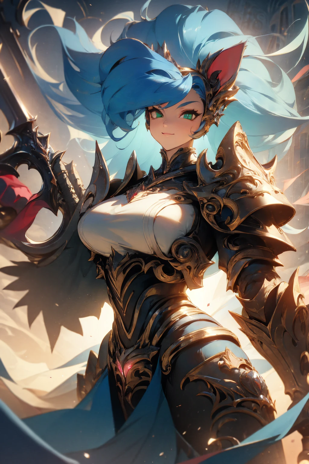 ((Masterpiece, Best Quality)), Felicia, Blue hair, Green eyes, cat eyes, Cat tail, busty, big breasts, big ass, happy, smile, white heavy armor, gauntlets, graves, in a fantasy city, illustration, ultra-detailed 8K, realistic, clear focus, highly detailed, professional lighting, colorful details, colors BREAK,