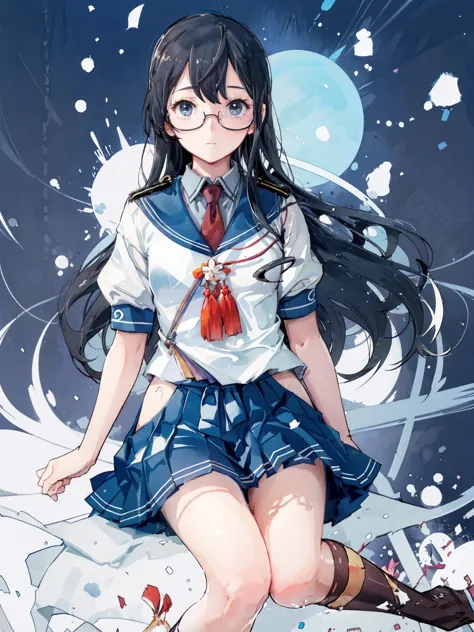 (oyodo kai　kantai collection、紫のoverknee socks)、lustrous thighs、glasses,pleated skirt、sailor suit、red tie