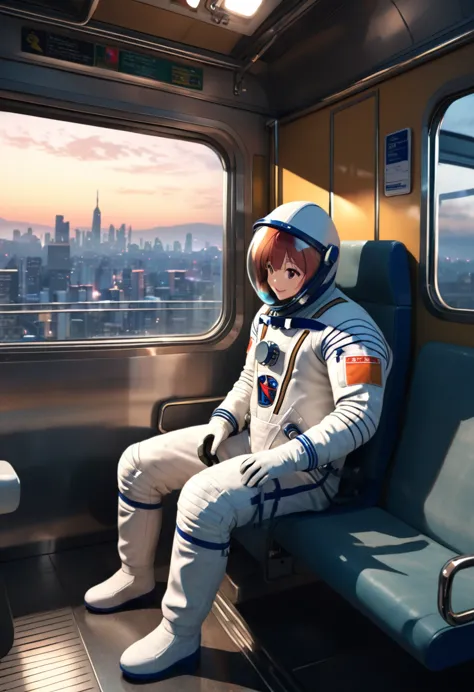 space helmet, (cinematic scene, sitting on a chair, train interior, , city view, night view: 1.5), space helmet, eva helmet, spa...