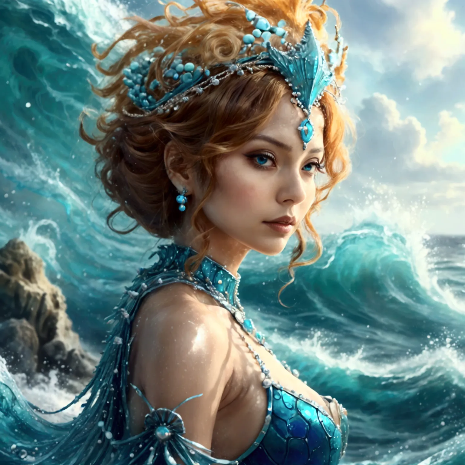 design an anime-style character named nami, styled as 'ocean empress.' nami should have a regal and commanding expression, with ...