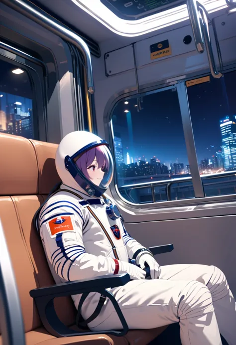 space helmet, (cinematic scene, sitting on a chair, train interior, , city view, night view: 1.5), space helmet, eva helmet, spa...