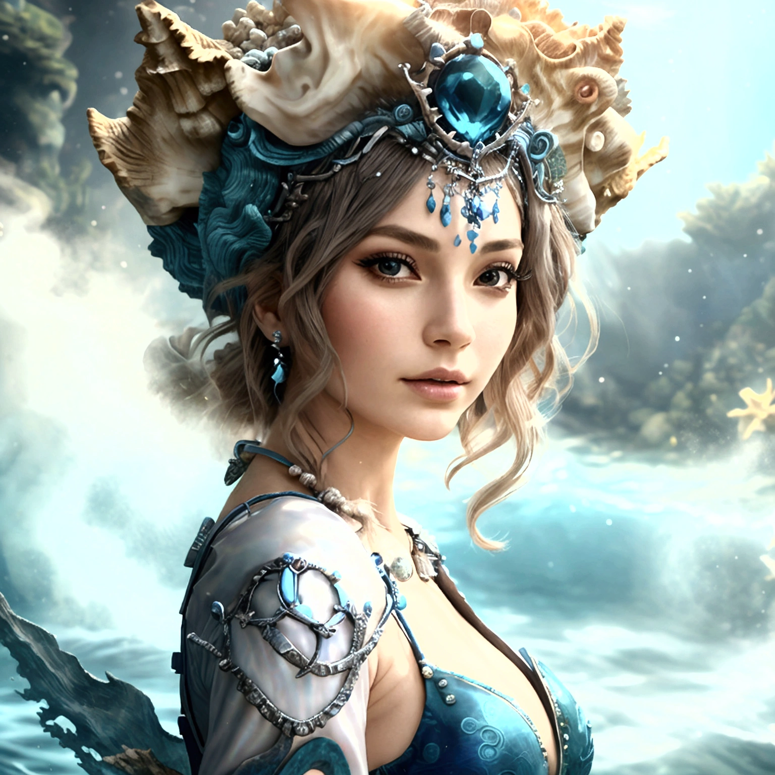 Design an anime-style character named Nami, styled as 'Ocean Empress.' Nami should have a regal and commanding expression, with large, expressive eyes and a majestic pose that reflects her status. Outfit Nami in a gown or armor inspired by the ocean, with deep blues, turquoise, and shimmering silver accents. Include sea-themed elements like waves, shells, and pearls. Add accessories such as a trident or a seashell crown to emphasize her empress status. The background should depict a vibrant ocean scene with elements like crashing waves, coral reefs, and marine life. Use soft, ambient lighting to enhance the serene yet powerful atmosphere. Ensure the artwork embodies the grandeur and beauty of the ocean, making Nami a regal and captivating presence