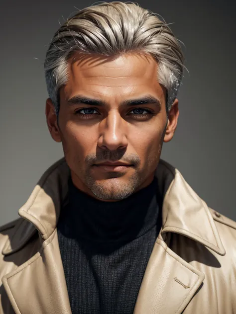 (best quality), 1boy, mature man, tanned skin, silver hair, medium hair, hair loosely combed back, brown eyes, perfect eyes, mus...