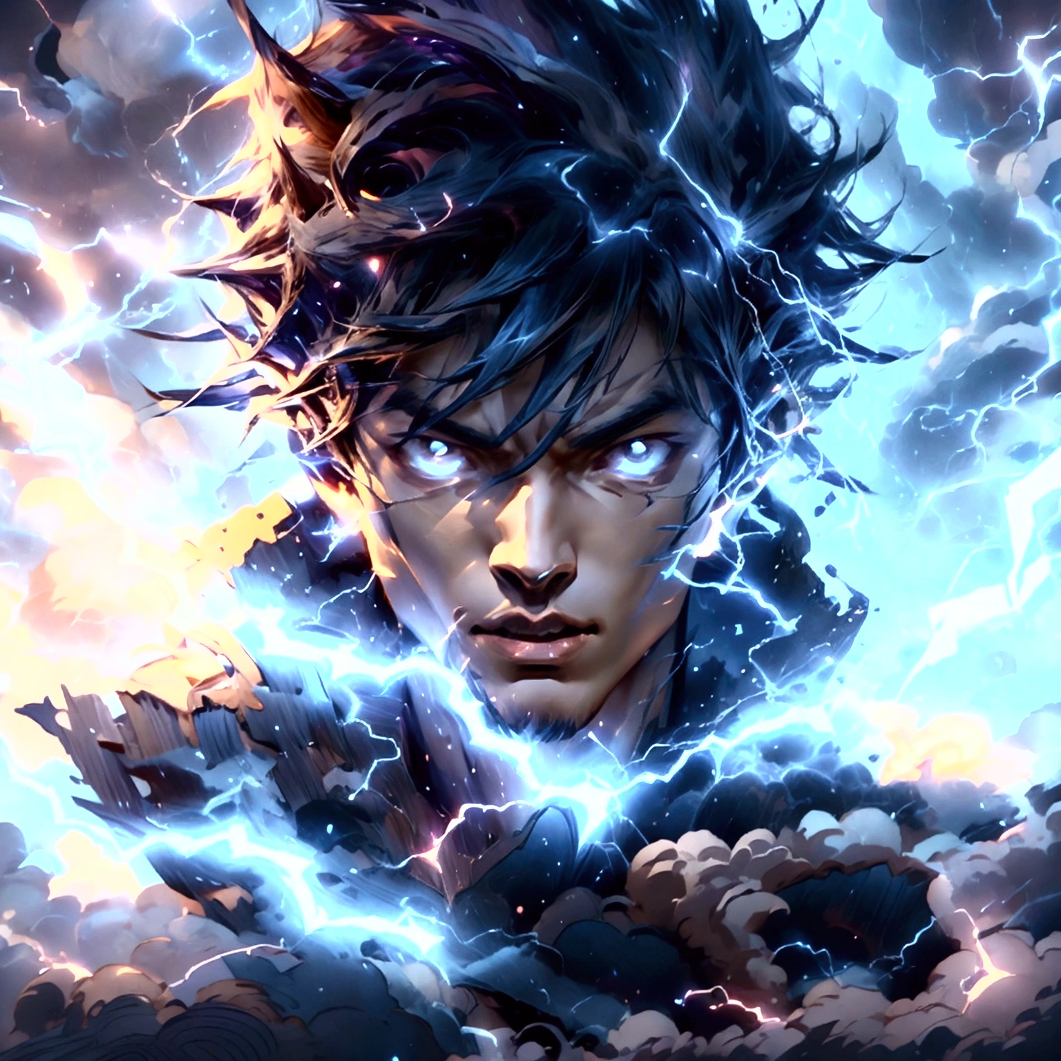 Design an anime-style character named Kaito, the 'Thunder Strike.' Kaito should embody a dynamic and powerful presence with a fierce, determined expression. His eyes should be electrifying, reflecting his mastery over lightning. Pose Kaito in an action-ready stance, showcasing his readiness for battle.

Outfit Kaito in sleek, thunder-themed armor with lightning motifs and crackling energy effects. The armor should have a dark, stormy color palette with bright accents that mimic lightning bolts. His weapon should be a thunderous spear or sword, radiating with electric energy.

Design Kaito’s surroundings to reflect a stormy, electrified environment. The background should include dark, swirling clouds, lightning bolts, and flashes of electric light, emphasizing the chaotic power of a thunderstorm. Add lightning effects around Kaito and his weapon to highlight his control over lightning. Ensure the artwork captures Kaito’s intense energy and formidable strength.