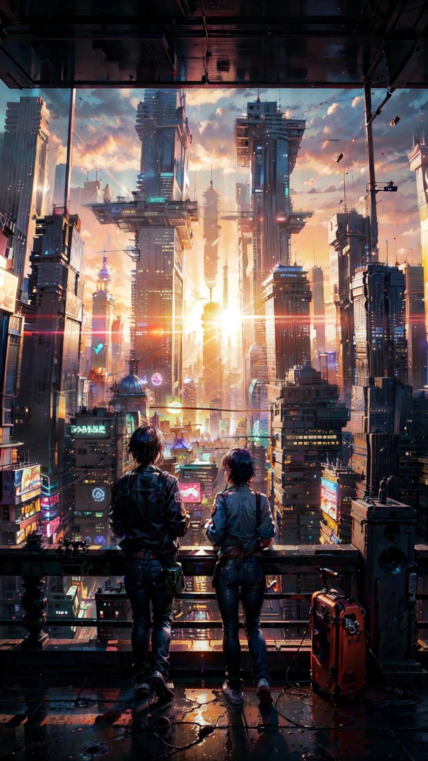 アニメ couple sitting on a balcony watching the sunset, 夕日を眺める. アニメ, ロフィアートstyle, アニメ background art, アニメ style cityscape, beautiful アニメ scene, ロフィアート, 新海誠風に, 4K マンガ壁紙, 新海誠 シリル・ロランド, hd アニメ cityscape, イリヤ・クブシノフの風景, 4k アニメ wallpaper