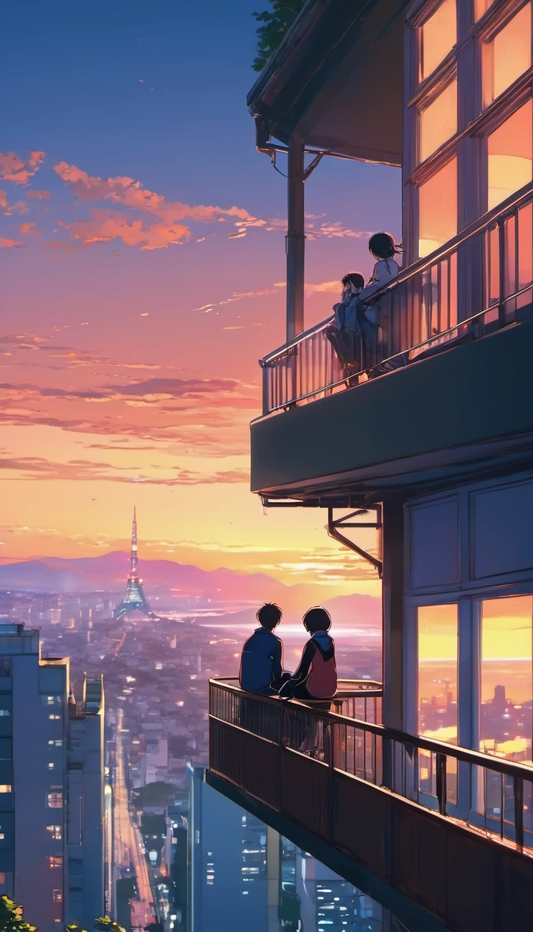 anime couple sitting on a balcony watching the sunset, watching the sun set. anime, lofi artstyle, anime background art, anime style cityscape, beautiful anime scene, lofi art, in style of makoto shinkai, 4 k manga wallpaper, makoto shinkai cyril rolando, hd anime cityscape, ilya kuvshinov landscape, 4k anime wallpaper