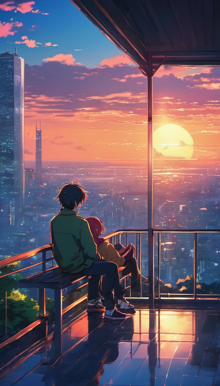 anime couple sitting on a balcony watching the sunset, watching the sun set. anime, lofi artstyle, anime background art, anime style cityscape, beautiful anime scene, lofi art, in style of makoto shinkai, 4 k manga wallpaper, makoto shinkai cyril rolando, hd anime cityscape, ilya kuvshinov landscape, 4k anime wallpaper