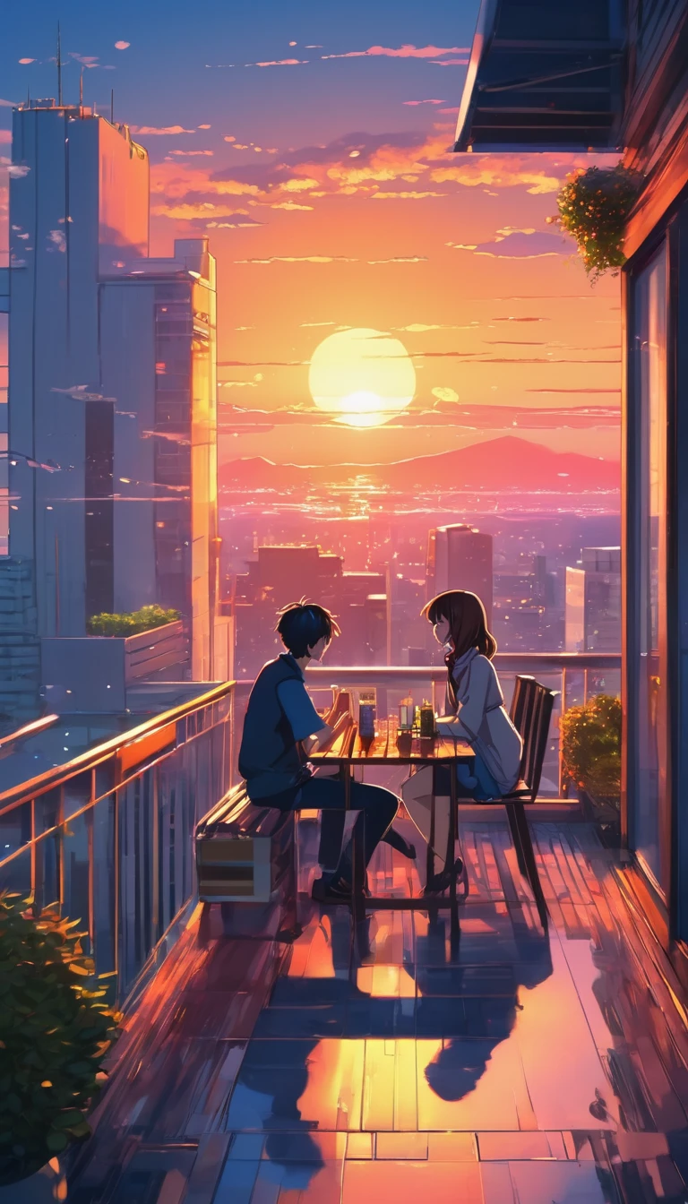 anime couple sitting on a balcony watching the sunset, watching the sun set. anime, lofi artstyle, anime background art, anime style cityscape, beautiful anime scene, lofi art, in style of makoto shinkai, 4 k manga wallpaper, makoto shinkai cyril rolando, hd anime cityscape, ilya kuvshinov landscape, 4k anime wallpaper