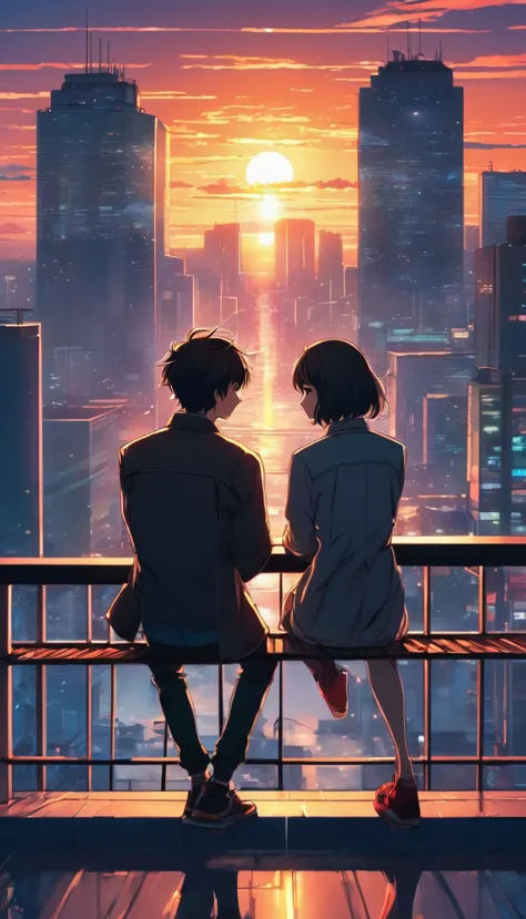 anime couple sitting on a balcony watching the sunset, watching the sun set. anime, lofi artstyle, anime background art, anime s...