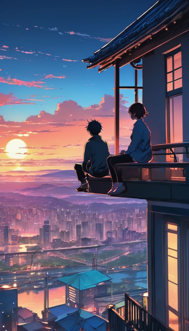 anime couple sitting on a balcony watching the sunset, watching the sun set. anime, lofi artstyle, anime background art, anime style cityscape, beautiful anime scene, lofi art, in style of makoto shinkai, 4 k manga wallpaper, makoto shinkai cyril rolando, hd anime cityscape, ilya kuvshinov landscape, 4k anime wallpaper